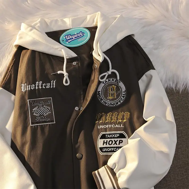

Patchwork Design Streetwear Letter Pattern Embroidered Hooded Jacket Women's Fall 2022 Hip Hop Loose Casual Couple Jacket