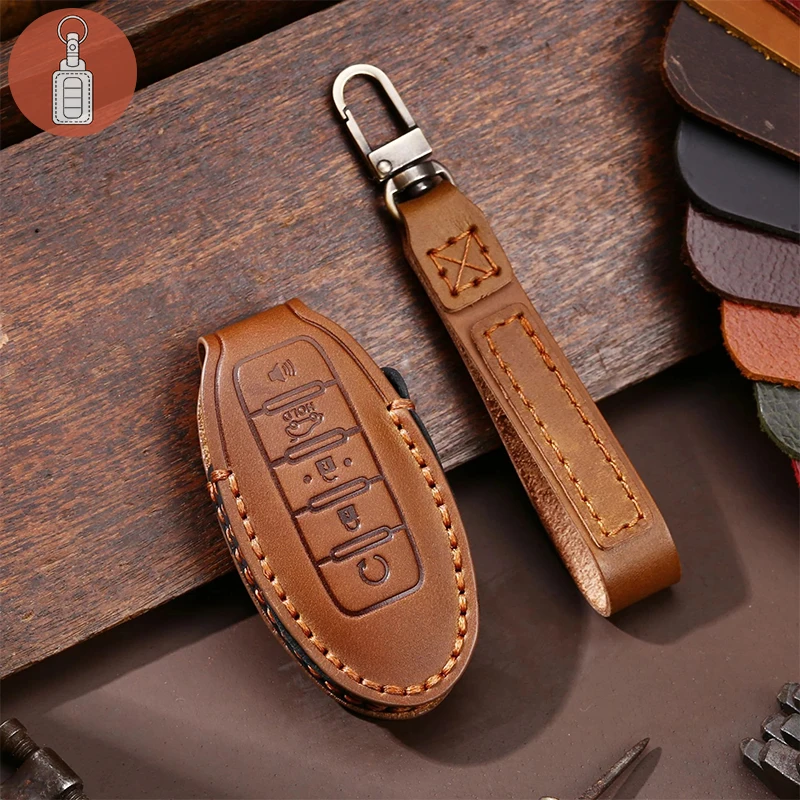 

Luxury Leather Car Key Case Cover Fob Protector Keyring for Nissan Patrol Y62 Accessories 2021 5 Button Keychain Holder Shell