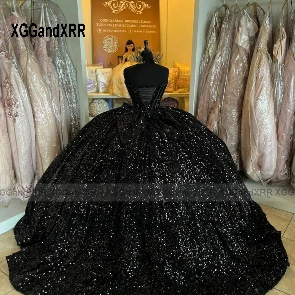 Черное платье Quinceanera по индивидуальному заказу 2024 бальное с блестками Sweet 16