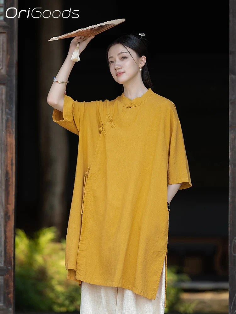 Льняная Длинная женская рубашка OriGoods из лиоцелла свободная тонкая Китайская