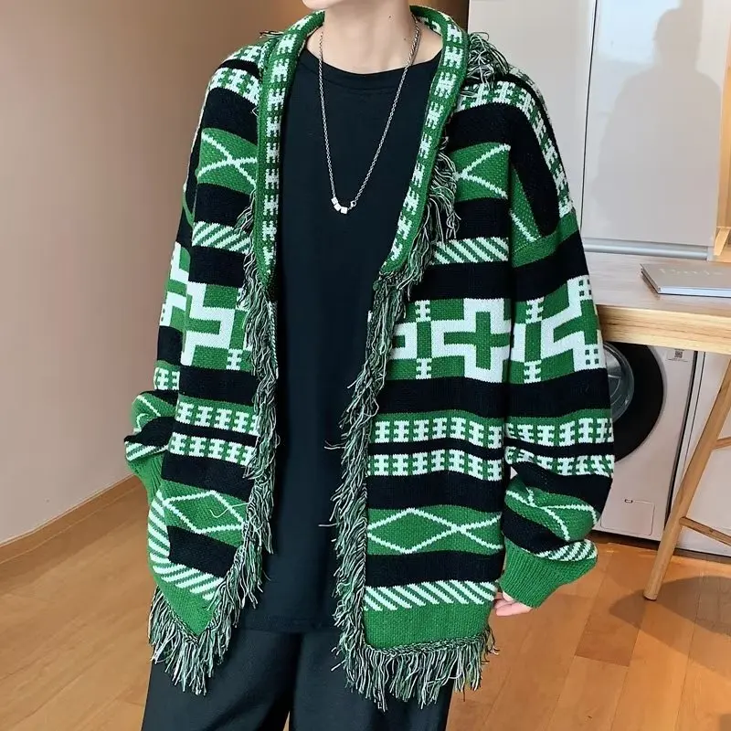 

Модный мужской кардиган, пальто, свободная универсальная верхняя одежда с длинным рукавом и бахромой, повседневное универсальное мужское в...