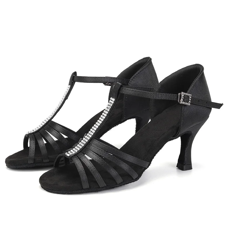 HROYL Ballroom Dance Shoes for Women T Straps Latin Shoes Salsa Tango Dancing Sandals for Girls 5 CM 7CM Heel Bachata Samba Shoe