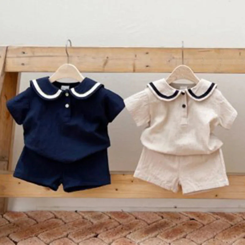 

Casual Kids Baby Boys Girls Sailor Collar Short Sleeve T-shirt + Shorts Clothing Sets Baby Boys Girls Suit Children's Clothes
