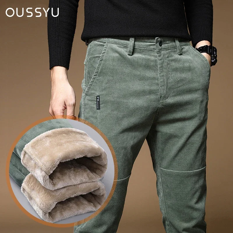 

i Quality Oussyu Winter Fleece Warm Corduroy Pants Men Tick Casual Business Fasion Stretc Velvet Black ray reen Trousers