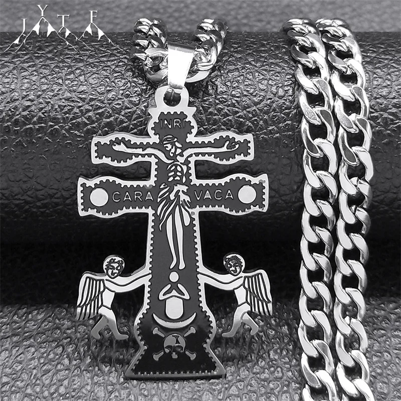 

Catholic INRI Caravaca Cross Crucifix Cherub Angel Necklace Women Men Stainless Steel Orthodox Russia Necklaces Jewelry N9612S05