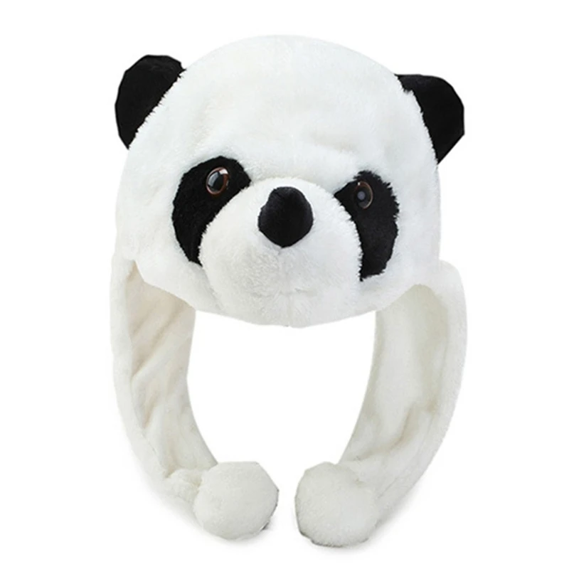 

449B Cartoon Plush Panda Animal Beanie Hat with Pom Pom Long Straps Thermal Warm Funny Stuffed Toy Earflap Party Props