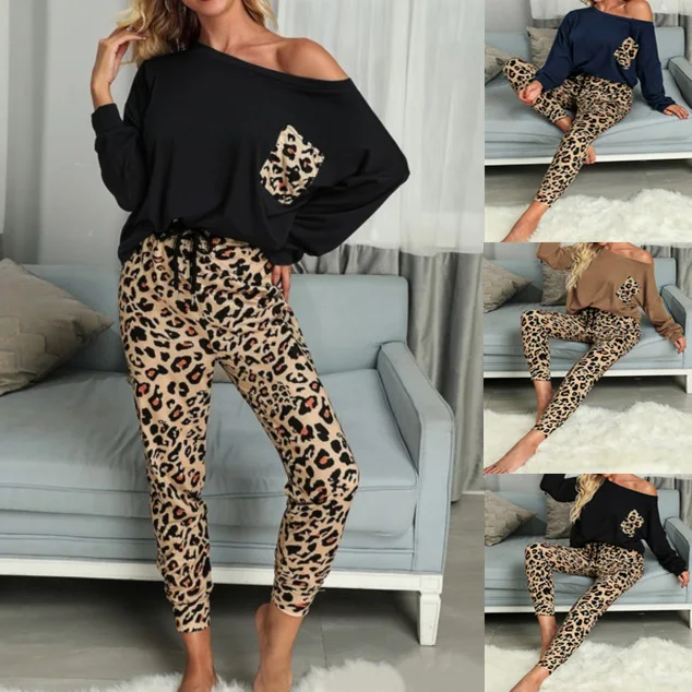 Women's 2023 Autumn/Winter Home Casual Set Leopard Print Pocket T-shirt Pants Two Piece Set