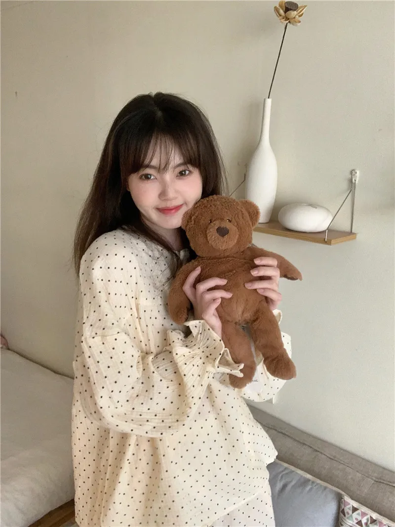 

Осенний домашний костюм в горошек, Женский Повседневный пижамный комплект из двух предметов с круглым вырезом и длинным рукавом, Корейская ...