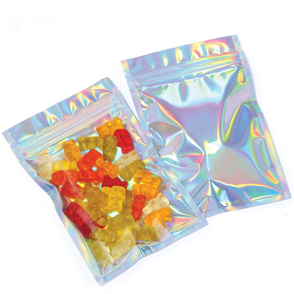 

100PCS Translucent Holographic Aluminum Foil Zip Lock Packaging Bags Resealable Candy Nail Cosmetics Gifts Storage Flat Pouches