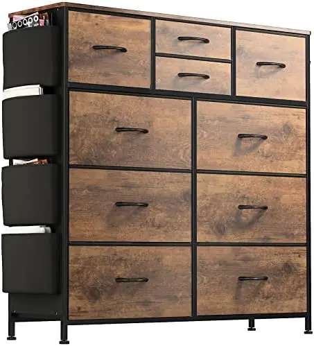 

Drawer Dresser, Chest of Drawers for Bedroom with Side Pockets and Hooks, Fabric Storage Dresser, Sturdy Steel Frame, Wood Top,