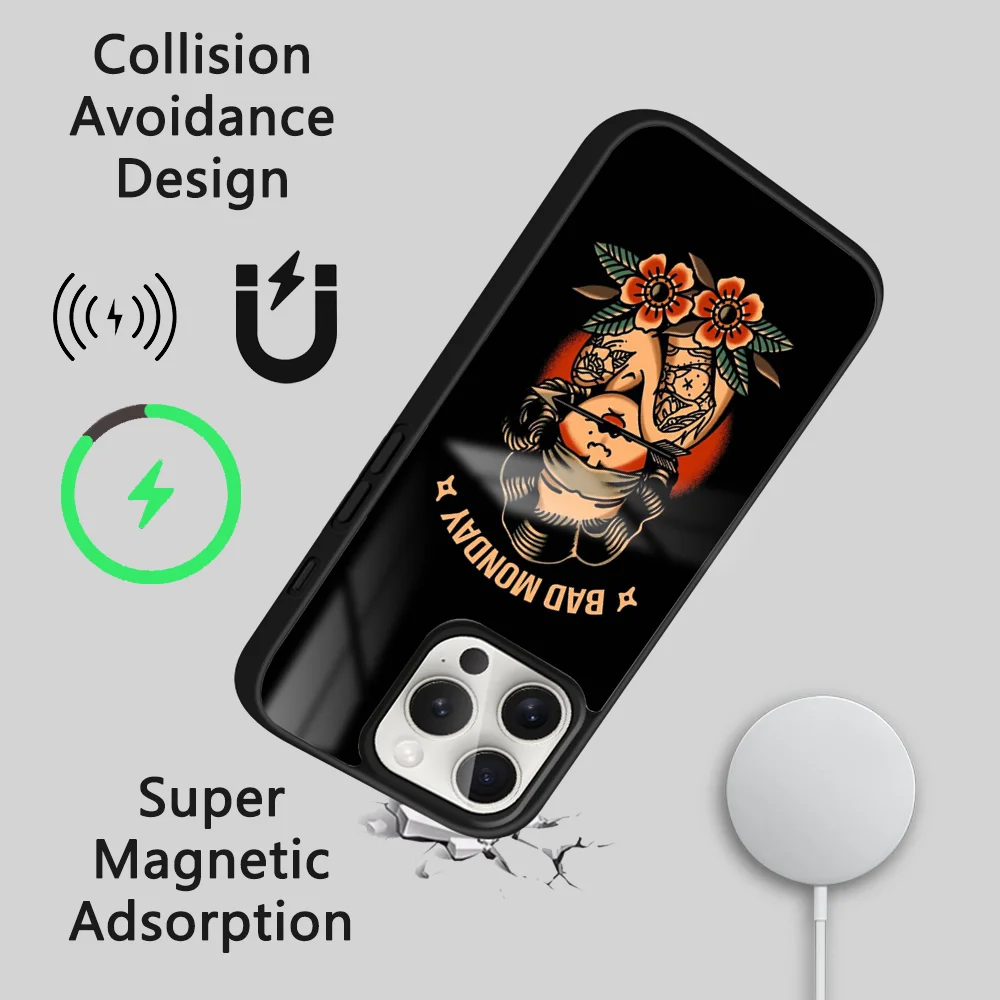Cool Old School Tattoo Phone Case For iPhone 16 15 14 13 12 11 Pro Max Plus Mini Magsafe Mirror Wireless Magnetic Cover