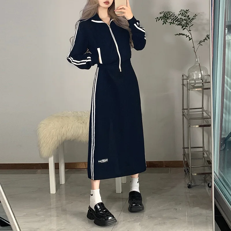 

High Street Two Piece Sets Womens Casual Striped Zip Jacket Coat Slim High Waist Midi Skirt Set Korean Style Schoolgirls Outfits