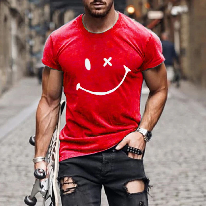 

Fashion O-Neck Short Sleeve T-Shirts Men 2023 Summer NewSolid Color Smiley Slim-Fit Tops Male Casual Tees Size XS-4XL