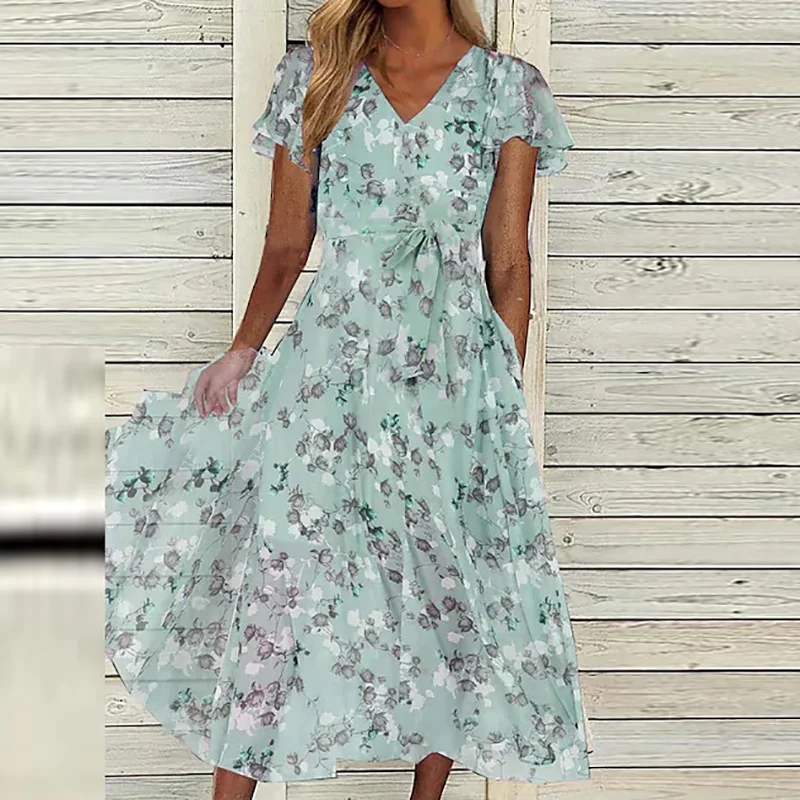 

Шикарные женские платья-трапеции на шнуровке с коротким рукавом 2023 элегантное Плиссированное Свободное длинное платье с V-образным вырезом женское офисное платье с цветочным принтом