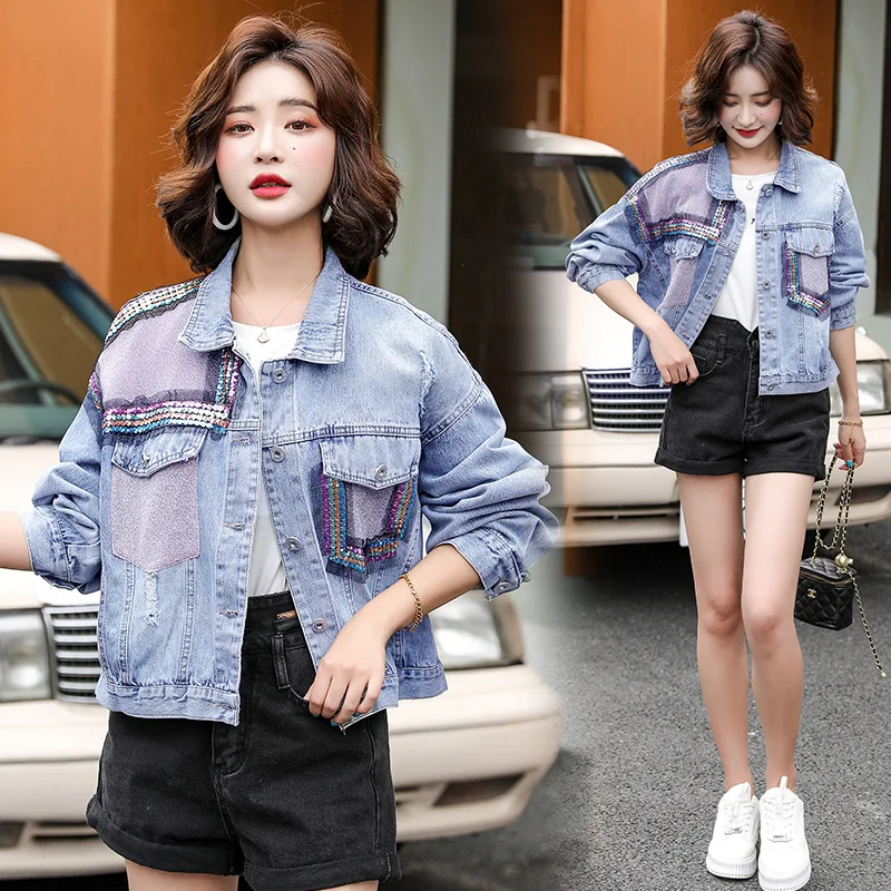 

women patch design loose sequins denim jacket casual long-sleeve streetwear coat jeans jacket fashion outwear top 2021 autumn