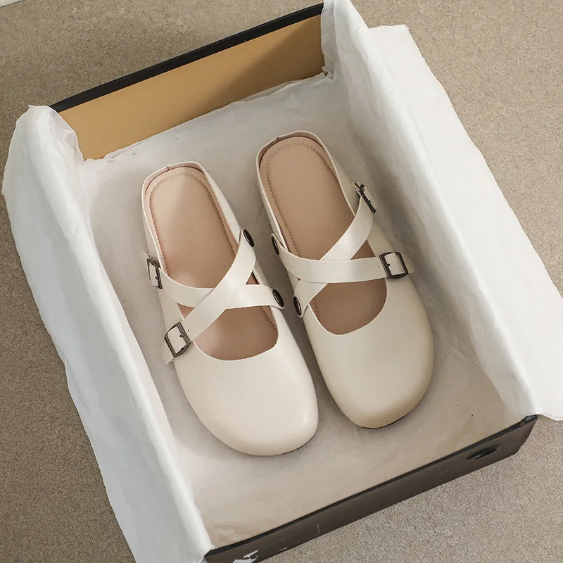 Retro Casual Soft Bottom Women's Muller Shoes Literary Round Head Flat Shoes Japanese Cute Girls Large Size Baotou Half Slippers