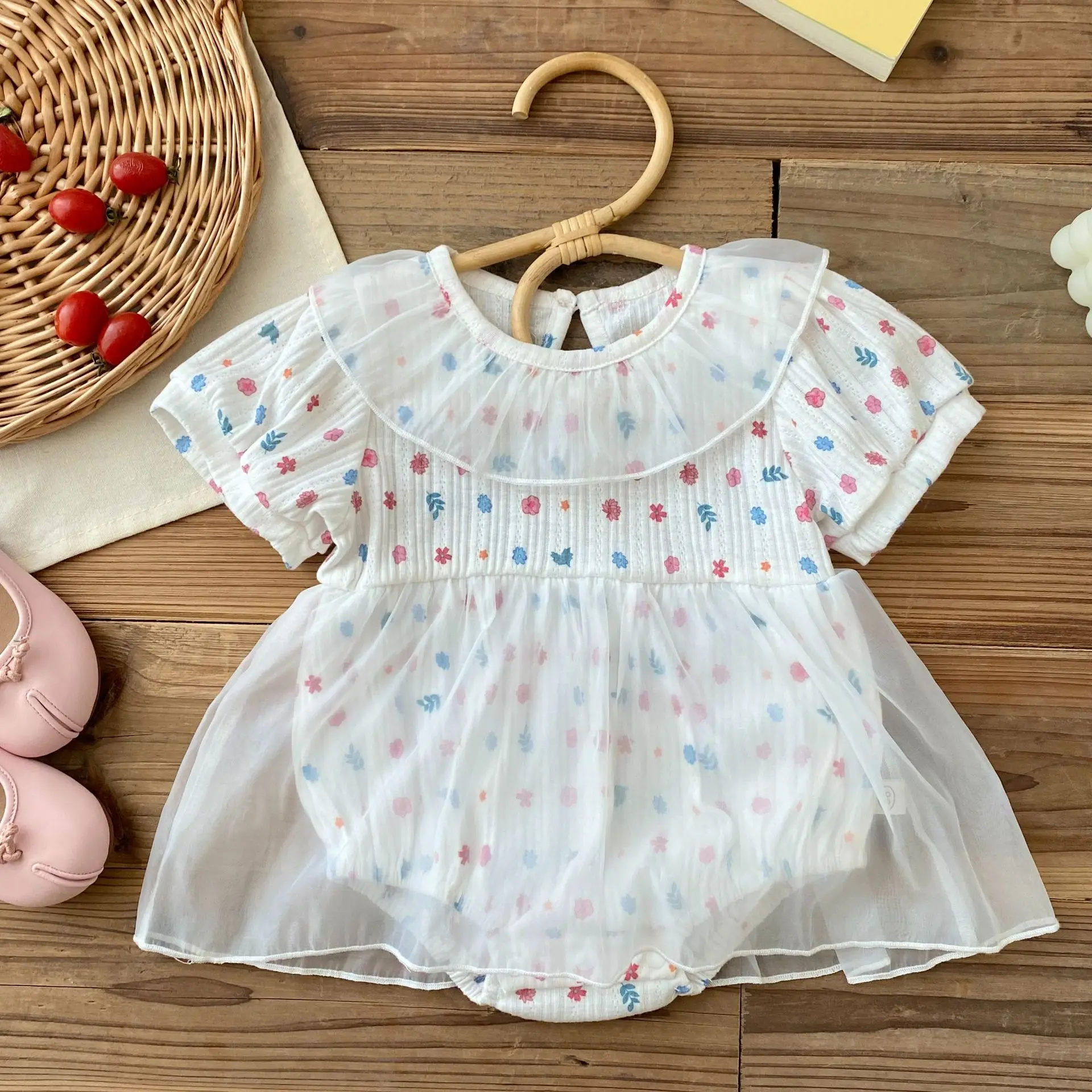

2023 Newborn Infant Baby Girls Rompers Jumpsuits Sweet Playsuits Short Sleeve Print Tulle Toddler Baby Summer Clothing