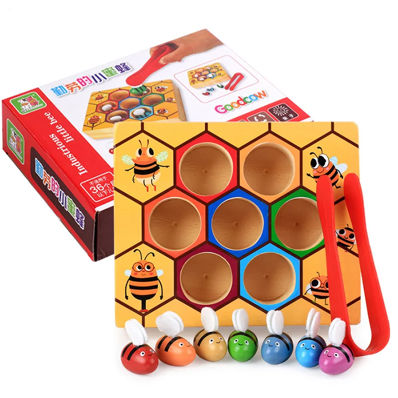 

Leaning Educatinal Toys Children Montessori Early Education Beehive Game Childhood Color Cognitive Clip Small Bee Wooden Toy