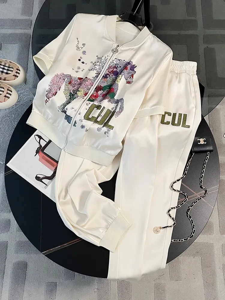 

Женский комплект из двух предметов, элегантный кардиган с коротким рукавом и повседневные спортивные брюки с широкими штанинами, лето 2023