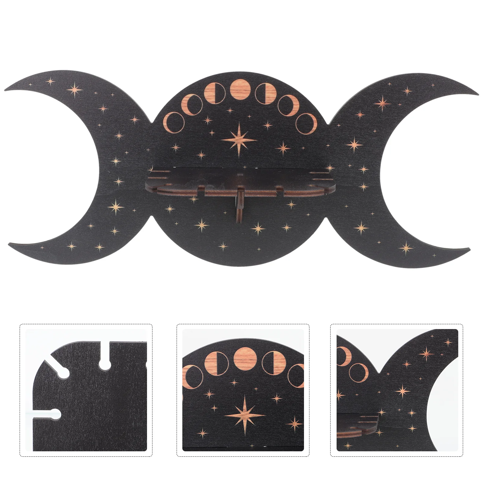 

Moon Phase Living Room Wooden Crystal Stones Wall Shelf Crystal Display Shelf Bohemian Style Crystal Rack Wall Display Stand