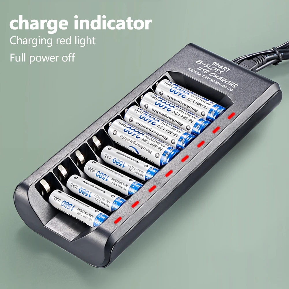 

8 Slots 1.2V Ni-MH Ni-CD AA AAA Rechargeable Battery Charger LED Lndicator USB Output Fast Charging Short Circuit Protection