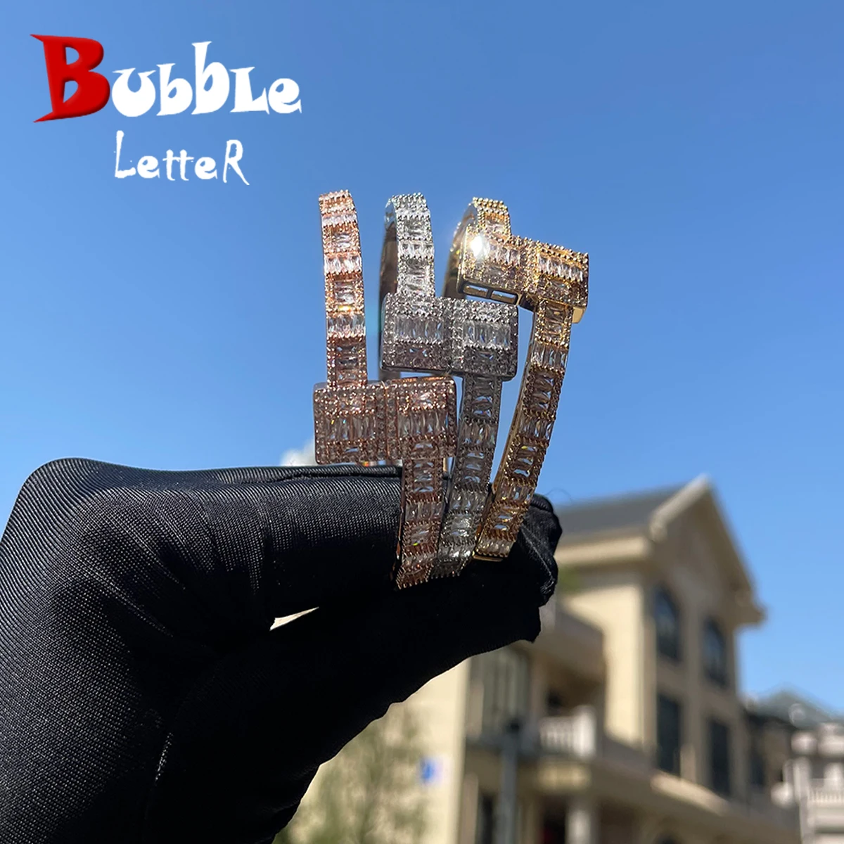 Bubble Letter Baguette Bangle for Women Rapper Iced Out Bracelets Hip Hop Jewelry 2022 Trend Free Shipping Items Best Selling