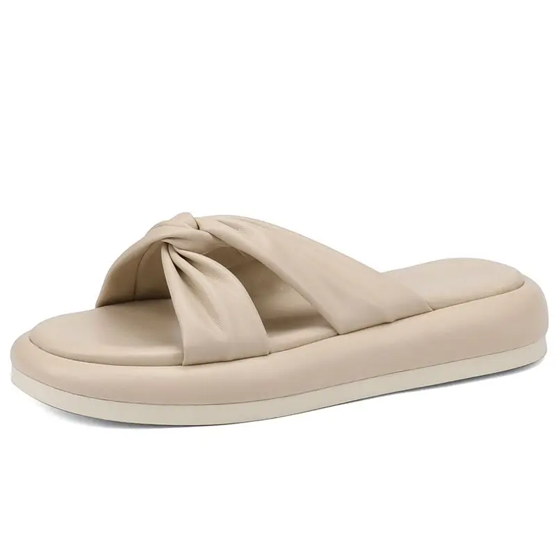 JIANBUDAN Casual Flat Slippers Women PU Leather Platform Slides Lady Outdoor Fashion Slippers Summer Shoes sandals