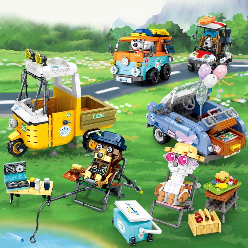 

Animal Dog Camper Camping Car City Vehicle Speed Champion Racer Moc Building Blocks Bricks Educational Toys For Kids New Gift