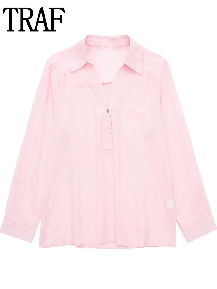 

Розовая Женская блузка с воротником TRAF, мешковатые летние блузки, женские повседневные рубашки на пуговицах с длинным рукавом для женщин, л...