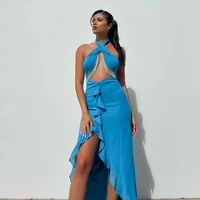 2022 summer hollow out backless sleeveless beach dresses party club halter neck midi sexy dress bodycon women