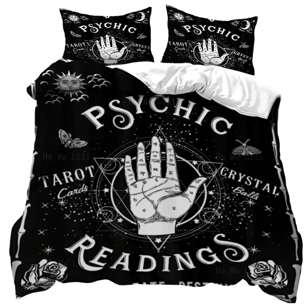 

Psychic Spooky Moth Tarot Ouija Hands Palmistry Gothic Occult White Eye Black Cat Unique Sphinx Style Demonic Duvet Cover Set