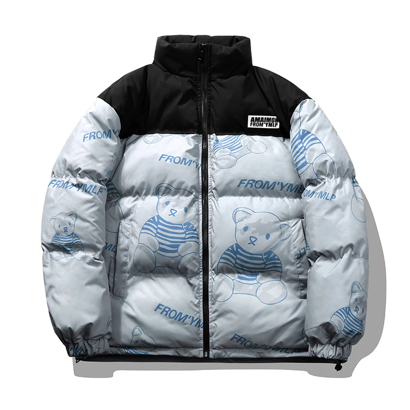 Fashion Winter Spring Jacket Men Parkas Warm Streetwear Coat Mens Stand Collar Bear Print Zipper Snow Coat Men Outwear Cute