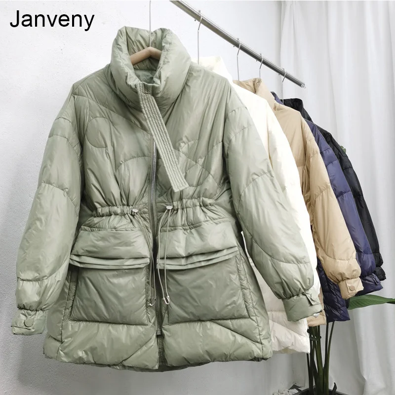 Janveny 2022 New Winter Women Lightweight 90% White Duck Down Coat Thick Warm Long Sleeve Loose Puffer Jacket Pocket Snow Parkas