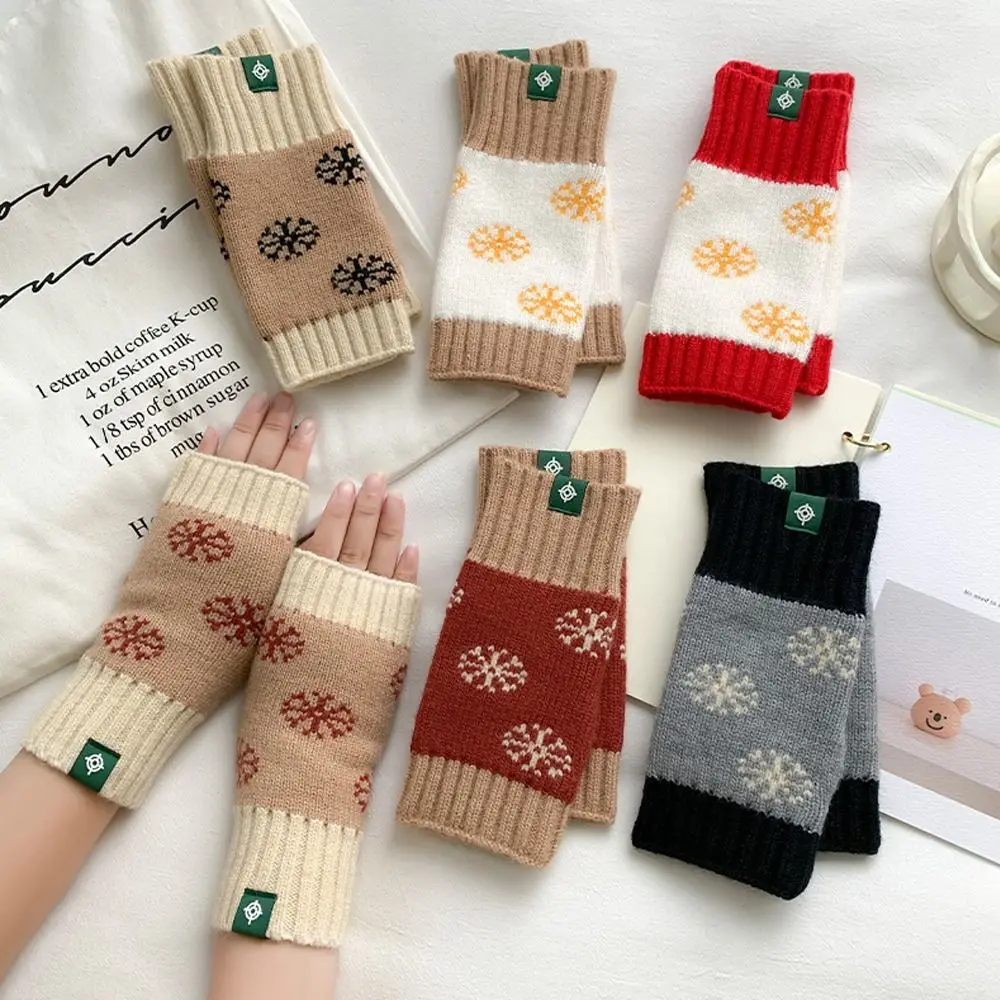 

Keep Warm Knitted Gloves Fashion Soft Elastic Fingerless Gloves Thicked Snowflake Pattern Short Mittens Autumn Winter