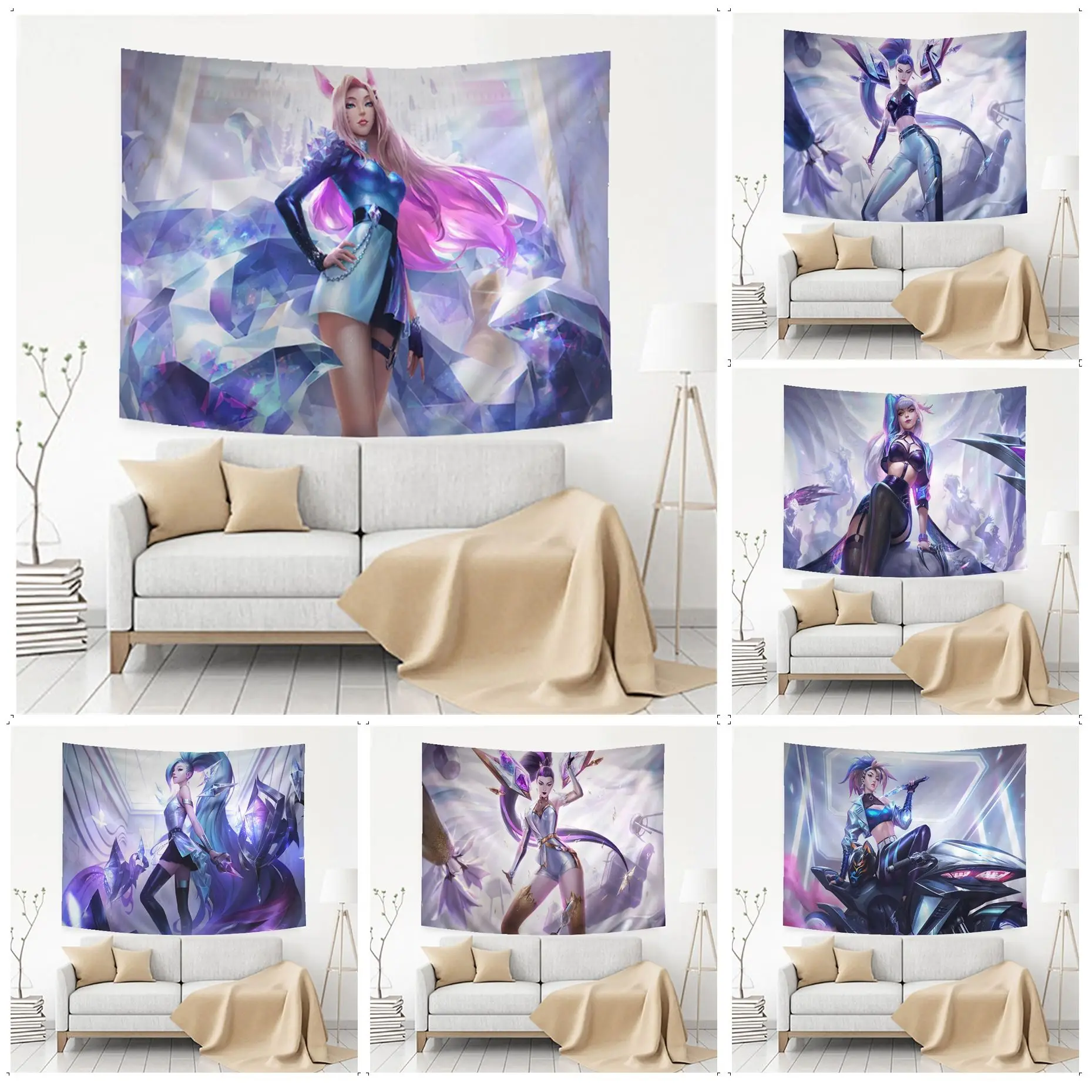 

LOL KDA Ahri Akali Kaisa Seraphine Anime Tapestry Bohemian Wall Tapestries Mandala Wall Art Decor