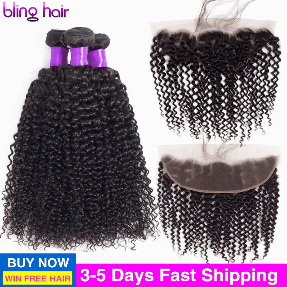 

Bling Hair Brazilian Kinky Curly Bundles With Closure 13x4 Lace Frontal 100% Remy Human Hair Bundles With Frontal Natural Color