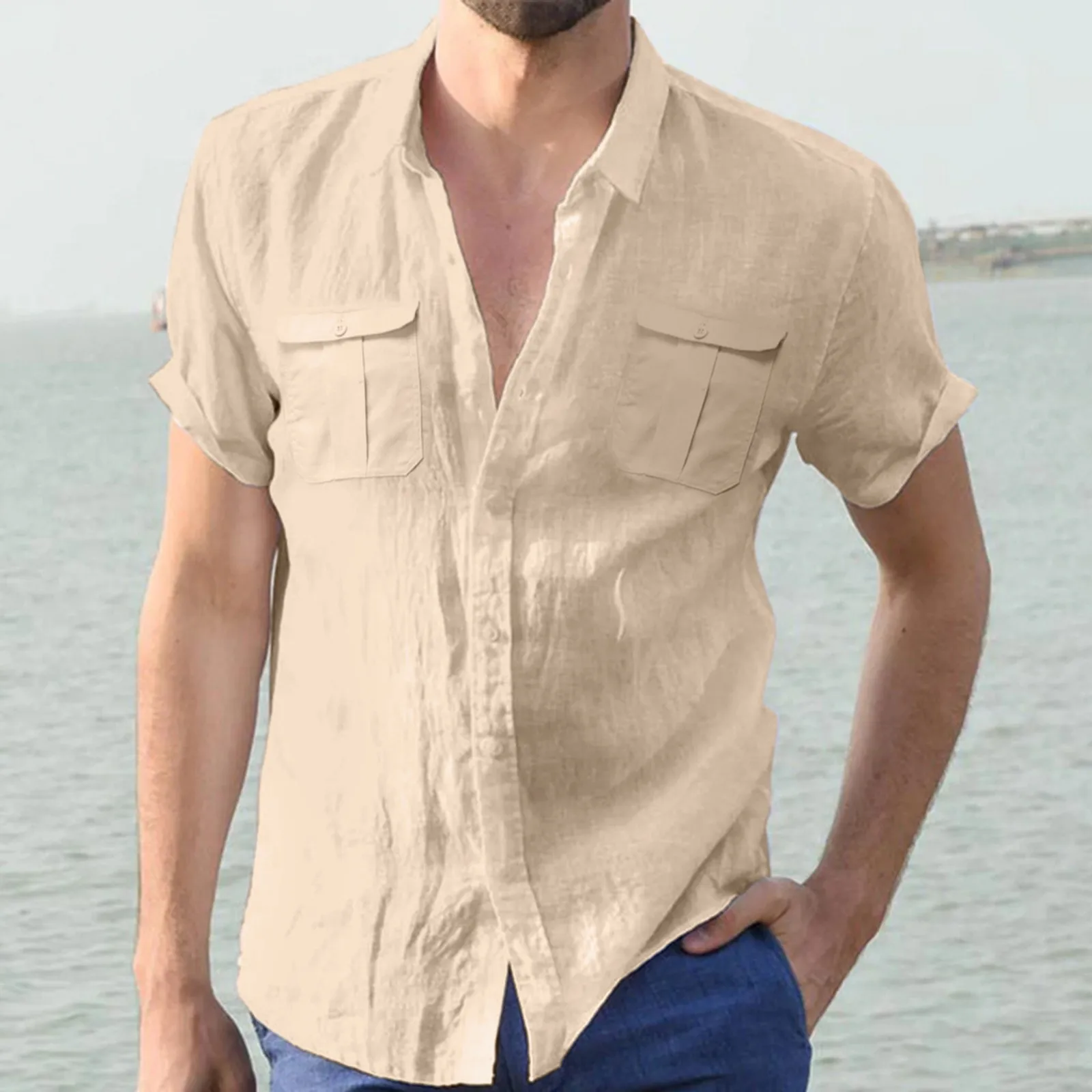 

Cotton Shirts Simple Hot Sale Shirts Men's Short-Sleeved Shirts Summer Solid Color Turn-Down Collar Casual Beach Style Plus Size