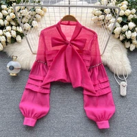 diamond lantern sleeve blouse shirt women 2022 fashion korean style bow tie v neck pink shirt elegant lady tops female clothing