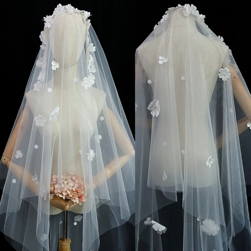 

Фата свадебная Однослойная длинная, тюль для венчания, с белыми цветами, украшение для свадьбы