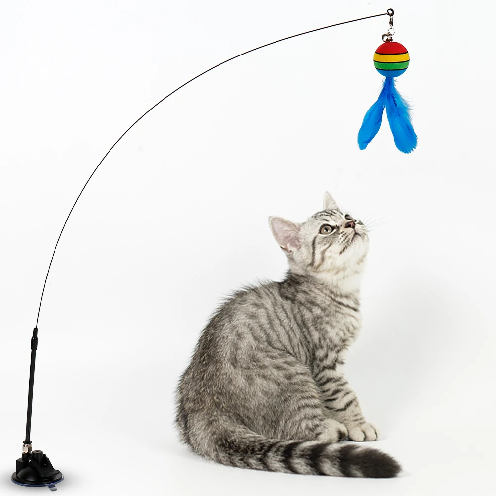 

Cat Toys Interactive Funny Cat Feather Wand Suction Cup Ball Feathers Replacements with Bells for Indoor Cats Kitten Exercise