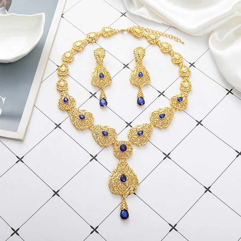

Arabic Ethnic Style Kaftan Bridal Crystal Jewelry Set Metal Water Drop Carving Vintage Wedding Wedding Dress Accessories