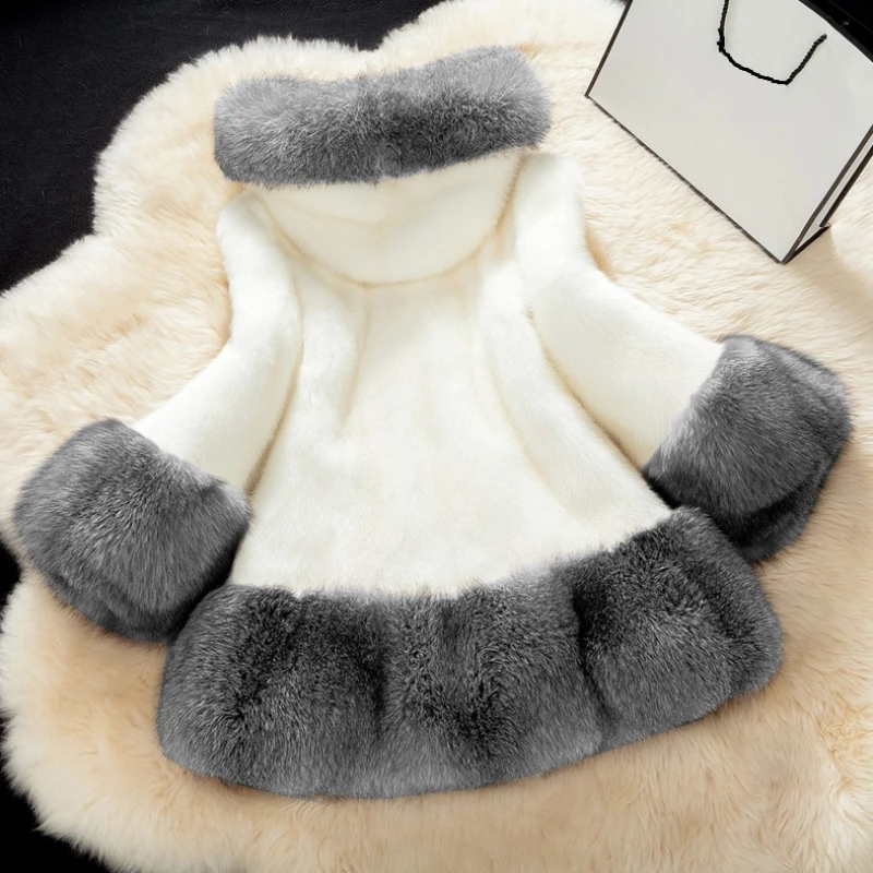 ICCLEK Imitation fur coat imitation mink women's coat imitation fox fur collar hooded medium long artificial fur