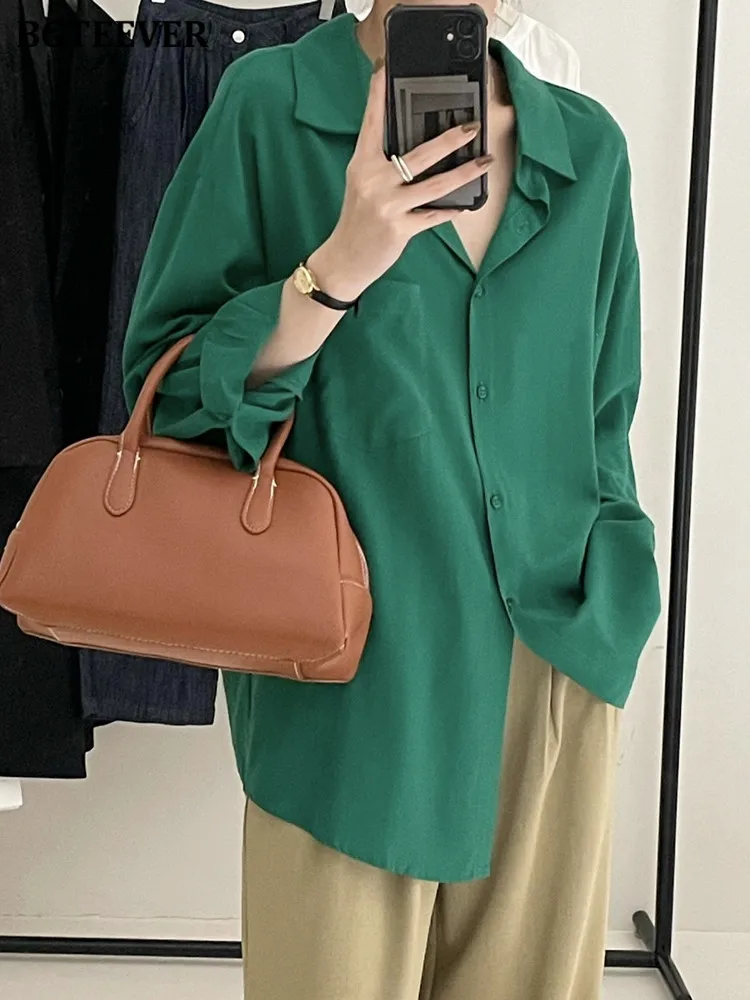 

Повседневные свободные однотонные рубашки BGTEEVER для женщин, элегантные женские блузки с отложным воротником и карманами, женские топы, блуз...
