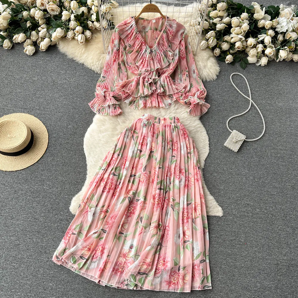 

Spring Autumn French Floral Print Suit Women Ruffle V-neck Long Sleeve Vintage Tops +pleated Skirt Two-piece Sets J198