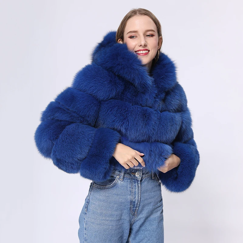 Winter Women Fashion Cropped Sexy Hooded Real Fox Fur Coat Luxury Warm Temperament Plush Outwear Ladies High-end Thick Overcoat