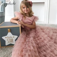 puffy pink flower girls dresses for weddings 2022 tiered tulle floor length birthday party pageant dresses with bow for girls