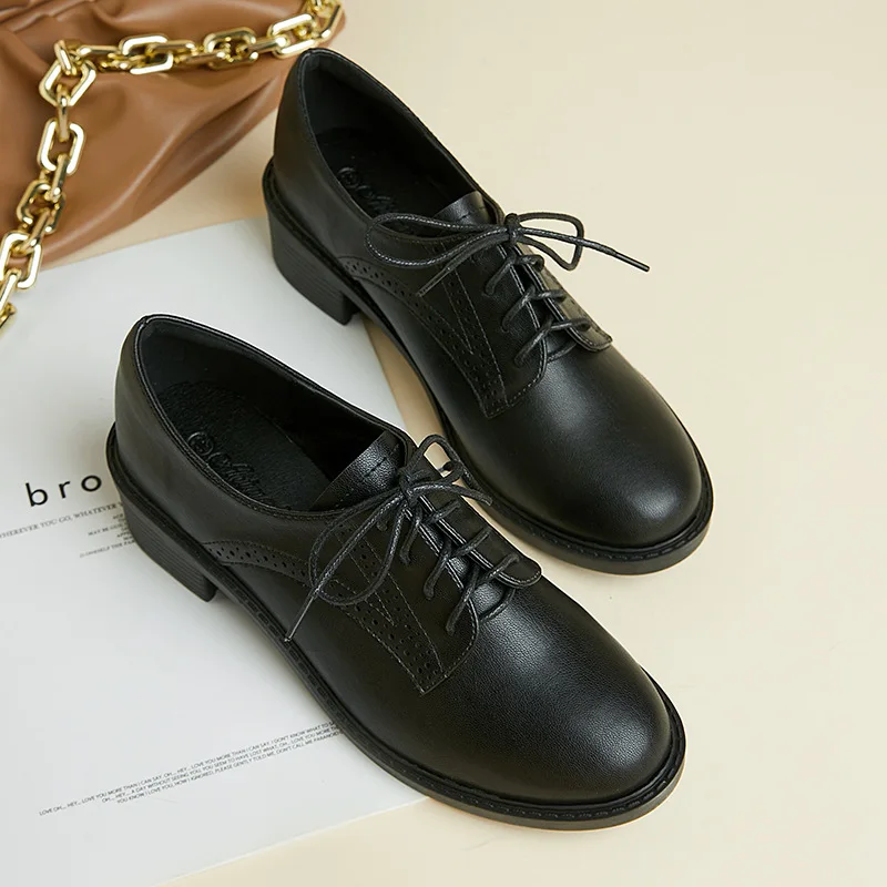 

TOPHQWS British Style Heels Women Loafers 2022 Spring Round Toe Low Heels Brogue Shoes Woman Leather Platform Shoes Female Pumps
