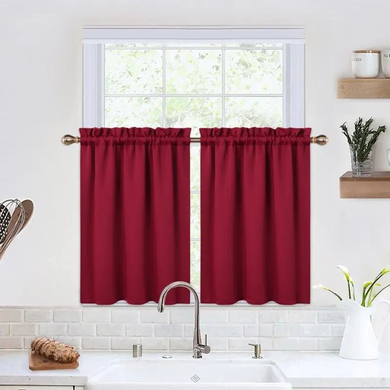 

26"W x 24"L Blackout Kitchen Curtain Solider Cafe Curtain for Bathroom Dining Room, Burgundy, 2 Panels