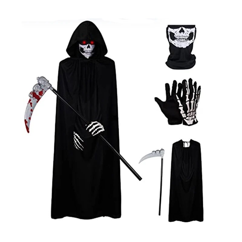 

Halloween Reaper Costume for Adults, Deluxe Hooded Cloak + Skull Neck Gaiter + Gloves + Scythe Set