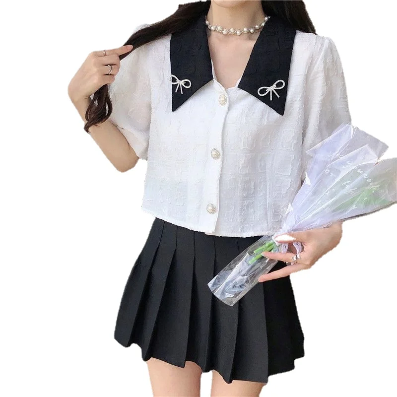 

Plus Size Peter Pan Collar Sleeve Shirt Design Sense Niche Summer Women's Clothing Plump Girls Puff Sleeve Slimming Short Top